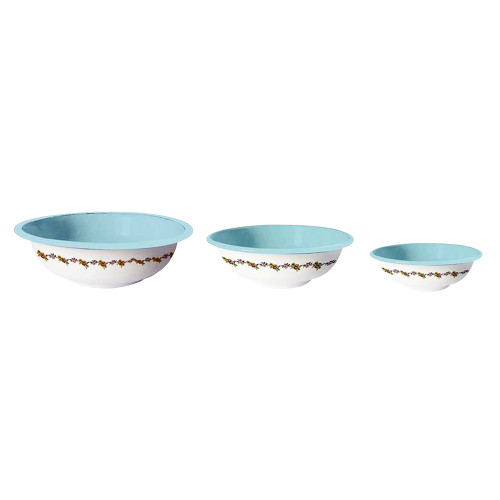 Artekko Enamel Λευκά Μεταλλικά Εμαγιέ Μπολ με Γαλάζια Σχέδια 3 pcs