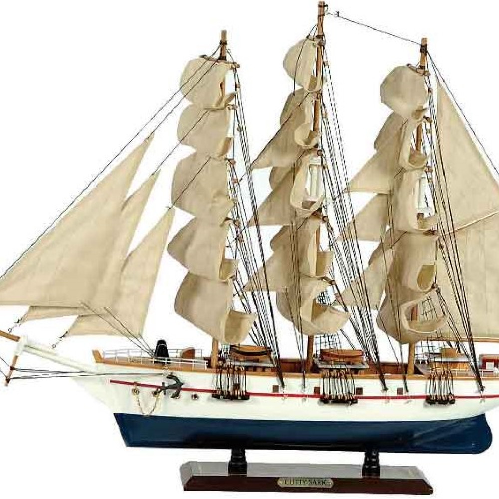 Ξύλινο Παραδοσιακό Καράβι 50 x 10 x 45 (H) cm, Χρώμα Λευκό - Μπλέ  31110