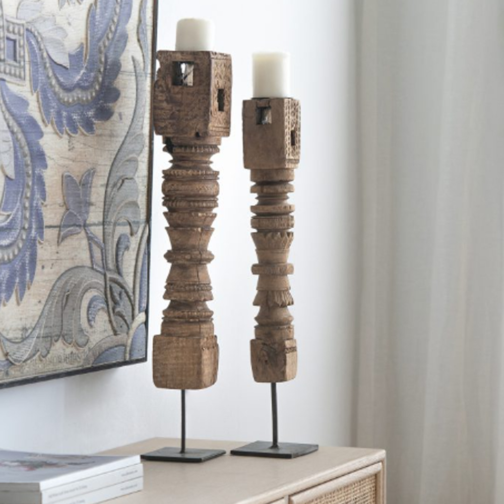 Artekko Pila Totem Κηροπήγιο Τοτέμ Ξύλο/Μέταλλο Καφέ/Μαύρο (10x10x68)cm