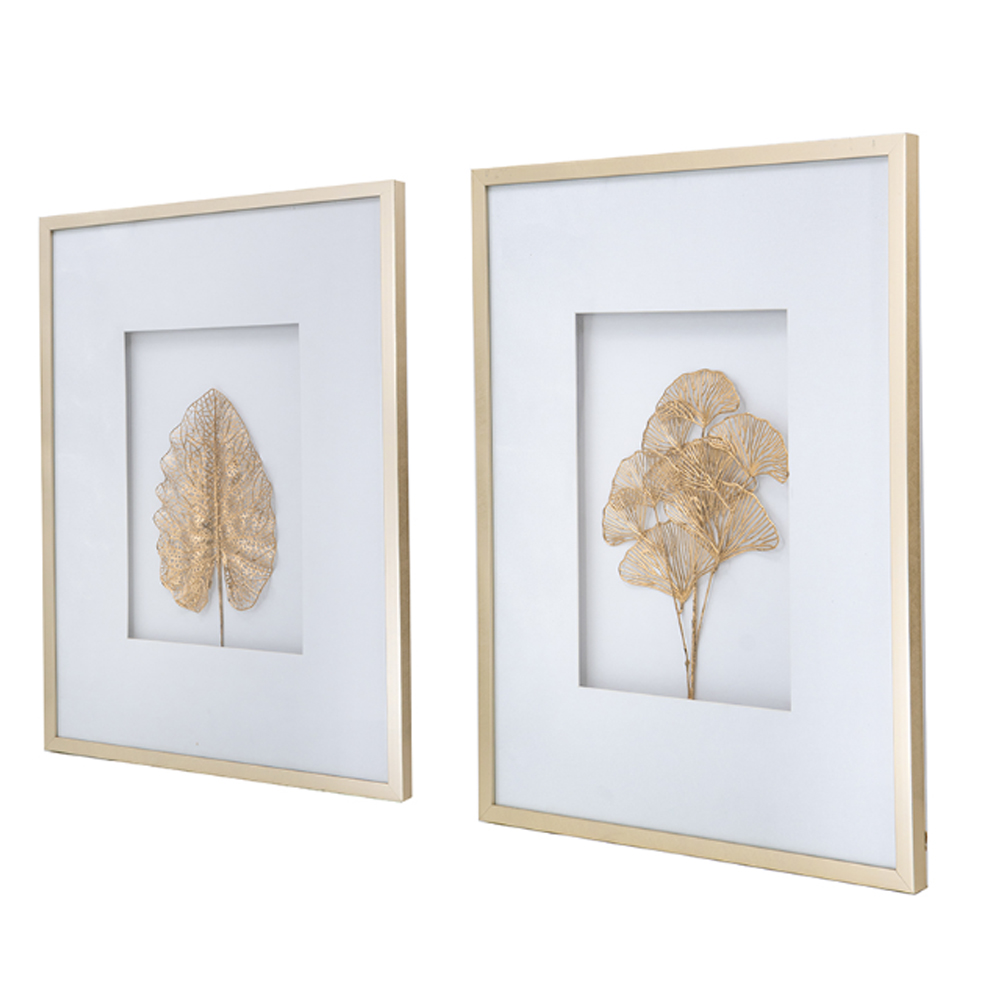 Artekko Botanicial Πίνακας με Φύλλα Ξύλο Γυαλί Χρυσό (60x3x80)cm Σετ/2