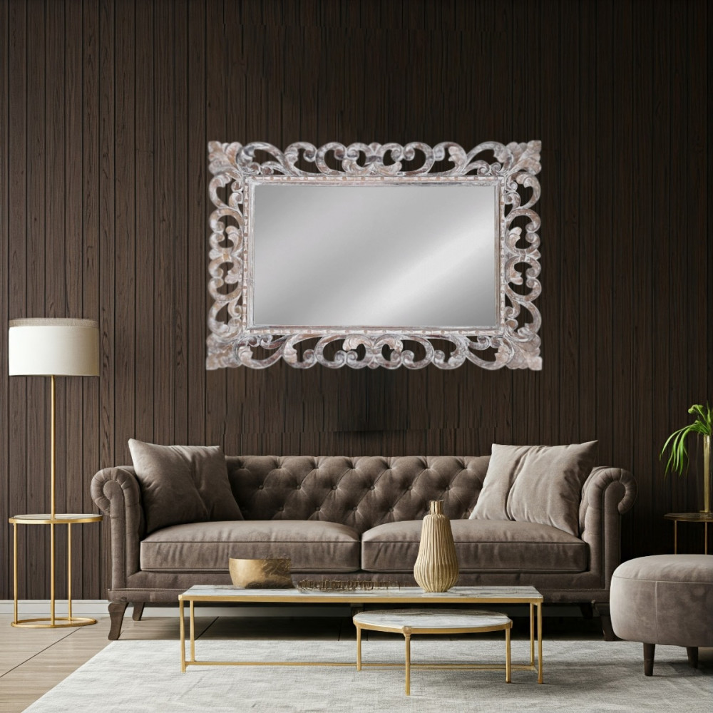 Artekko Mirroki Ξύλινος Λευκός Πατίνα Σκαλιστός Καθρέπτης Τοίχου (100x70)cm